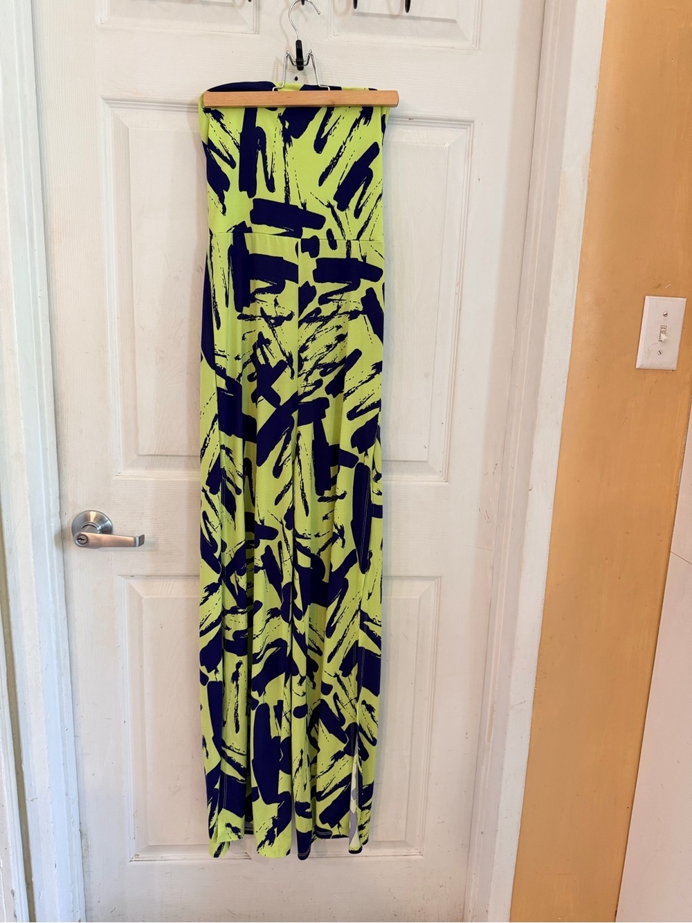 Fashion Nova Lime & Navy Abstract Strapless Jumpsuit